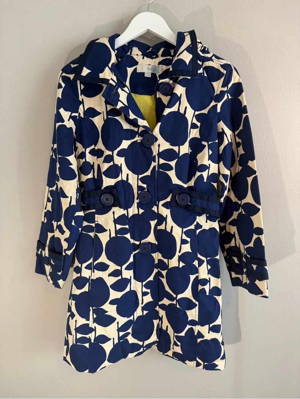 BODEN Women’s Blue Ivory Apple Print Hooded Belted Trench Coat Size US 6